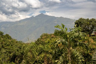 Dağlar manzaralı güzel bir manzara ve taşlarla dolu bir nehir. Jerico, Antioquia, Kolombiya.