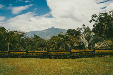Dağlar manzaralı güzel bir manzara ve taşlarla dolu bir nehir. Jerico, Antioquia, Kolombiya.