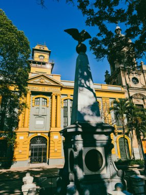 Medellin, Antioquia, Colombia. July 18, 2020:  San Ignacio Park and parainfo. Architecture and blue sky.