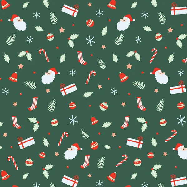 Weihnachten Nahtlose Muster Mit Weihnachtsmann Glocken Weihnachtskugel Zuckerstangen Geschenk Socken — Stockvektor