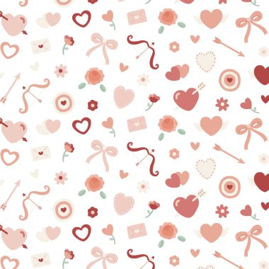 Sevgililer gününde kalp, çiçek, yay, aşk tanrısı yayı, aşk mektubu, ok, dart, gül. El çizimi vektör illüstrasyonu.