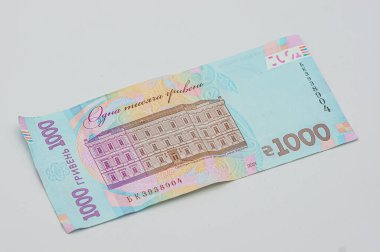 Ukrayna para faturası 1000 Hryvnia. En büyük mezhep. Kullanılmış ve biraz buruşuk. Beyaz bir arka planda izole edilmiş. Arka taraf. 2021 'in yeni 1000 banknotu, Ukrayna parası..