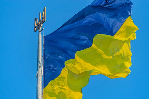 Ukrayna amblemi. Mavi gökyüzünde dalgalanan Ukrayna bayrağı. Büyük sarı Ukrayna bayrağı. Ulusal Ukrayna bayrağı mavi gökyüzüne karşı. Ukrayna bayrağının ayrıntıları. Ukrayna Amblemi