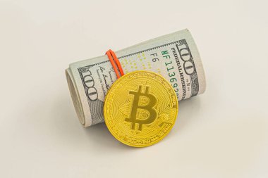 Bitcoin BTC bozuk para ve rulo banknotlar beyaz arka plan banknotları. Amerikan dolarları gümüş Bitcoin ile rulo şeklinde..