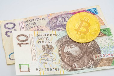Bitcoin Kripto Sanal Para ve Polonya Zloti Para Birimi. Polonya Zloti parasının üzerindeki Bitcoin şifreli paralar. Mieszko I Prince. Polonya FLN Bitcoin Zloty Para Kripto Para Birimi Engelleme Zinciri BTC