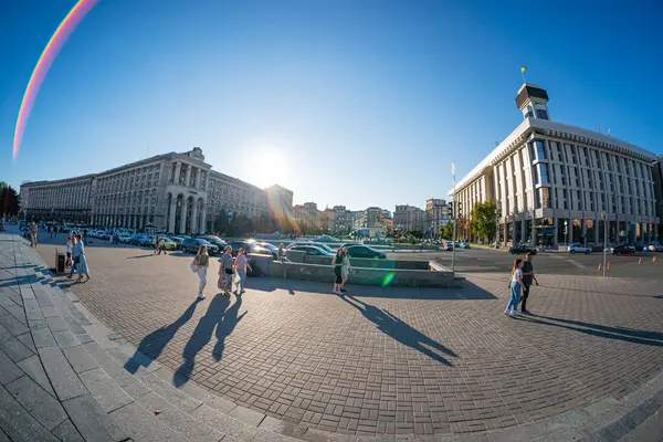 stock image Evening view of the Independence Square background with monuments, Stella, Institutskaya Street, an exhibition of photographs ATO, Stalin and modern architecture KIEV, UKRAINE 08-04-2024.