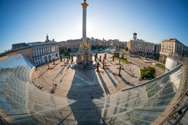 stock image Evening view of the Independence Square background with monuments, Stella, Institutskaya Street, an exhibition of photographs ATO, Stalin and modern architecture KIEV, UKRAINE 08-04-2024.