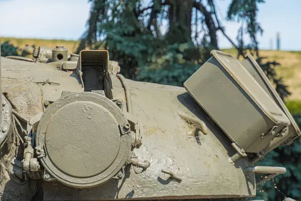 stock image Military war tank. Part of the weapon in close up. Military khaki coloring. Metal weapons. Arms supplies for Ukraine. Ukrainian and Russian tanks, detail of weapons from the Russian-Ukrainian war