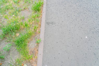 Bir yolun ya da yolun kenarının yakın bir görüntüsü gösterilir, sağ tarafı odak dışı ve asfalt benzeri bir asfalt malzemesi sol tarafta, bir sınır komşu ot ve bitkilerden gelen yolu tanımlar