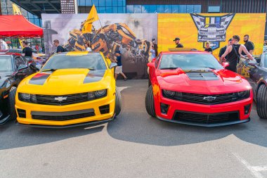 İki özel boyanmış araba yan yana park edilmiş, biri çita gibi siyah ve sarı, diğeri kahverengi ve turuncu leopar tabanlı, T Kyiv, Ukrayna 06-06-2024