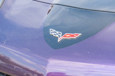 Arkadaki mavi arabaların yakın çekimde marka logosu ve performans işaretleri üzerinde duruluyor. Bunlar arasında kareli bayrak rozeti ve Kyiv, Ukrayna 06-06-2024 rozeti de var.