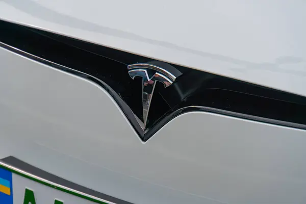 Tesla aracının ön kısmının yakın plan görüntüsü, Ukrayna, Kyiv, Ukrayna 06-06-2024 'te konumlanmış, kalkan benzeri bir tasarım içinde bulunan logosunu gösteriyor.
