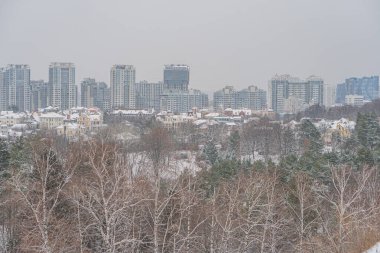 Karlı bir gün sahnesi, karla kaplı bir ormanı şehir manzarasından ayıran ağaçlarla dolu şehir alanı, ağırlıklı olarak mimari embe Kyiv, Ukrayna 01-14-2024 'ten yoksun çok katlı binalara sahip.
