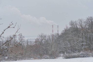 Karla kaplı bir kış manzarası, karla kaplanmış çıplak ağaçlar, uzaktan duman yayan bir sanayi tesisi veya elektrik santrali, ve sis yüzünden görüş mesafesi azalan bulutlu bir gökyüzü.