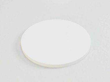 Görüntü düşük çözünürlüklü, potansiyel olarak değiştirilmiş ya da bozulmuş bir dairesel nesneyi tek bir ışık arka planında 3 boyutlu boş bir podyuma karşı görüntüler.