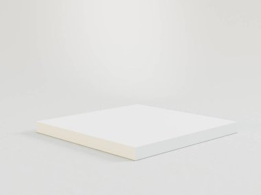 Düz bir yüzeydeki dikdörtgen bir nesnenin minimalist, stilize edilmiş bir grafiği, büyük bir ataç ya da pano rengine benzer. Renkler beyaz ve açık bej renkli üç boyutlu boş podyumdur.