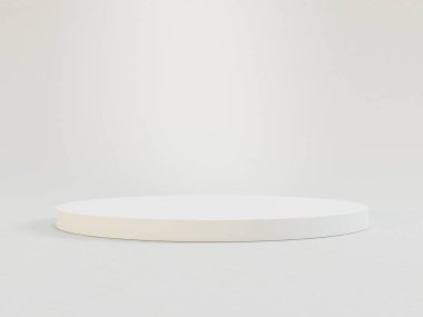 Minimalist, modern dairesel tabure, ince bacakları ve pürüzsüz, aydınlık arkaplanda tek başına üç boyutlu boş bir podyum.