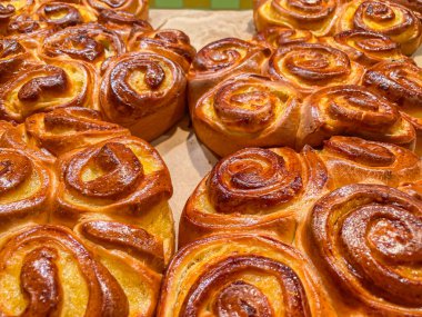 Taze pişmiş ekmek ruloları, altın-kahverengi, yumuşak ya da kabarık iç döşeme şekilli parşömen kağıdı üzerinde muhtemelen fırın ya da ev mutfağı ortamında çekilmiş.