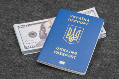Ukrayna pasaportu, gri kumaş arka plan para paketi, Ukrayna 'daki finans kavramı, finansman, Ukraynalılara yardım. Savaş yüzünden mülteci ve göç kavramı
