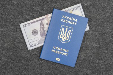 Ukrayna pasaportu, gri kumaş arka plan para paketi, Ukrayna 'daki finans kavramı, finansman, Ukraynalılara yardım. Savaş yüzünden mülteci ve göç kavramı