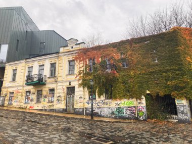 A vibrant, urban panorama featuring a graffiti-covered yellow building and a contrasting modern structure The scene is wet due to recent rain or cleaning, with trees add Kyiv, Ukraine 11-02-2024 clipart