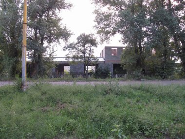 Uzun, yapraklı ağaçlarla çevrili terk edilmiş bir binanın görüntüsü, yapının soyulmuş boya ve fazla gelişmiş bitki örtüsü ile bozulma belirtileri gösteriyor.