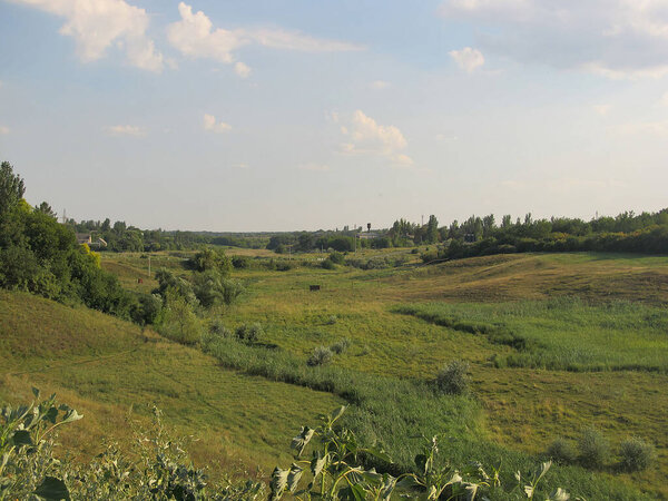 Изображение показывает разрастающийся ландшафт с открытыми полями, разбросанной растительностью, катящимися холмами и отдаленными сооружениями Небо частично облачно с мягкими, пушистыми облаками