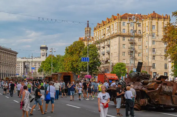 Görüntü modern savaşlarda sıklıkla kullanılan zırhlı araçların ve silahların sergilendiğini gösteriyor, muhtemelen bir askeri sergi veya anıt Tanklar, APC 'ler, topçu parçaları mevcut, Kyiv, Ukrayna 08-24-2024