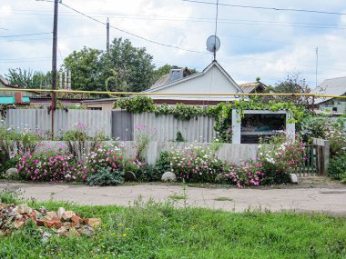 Görüntü, arka bahçesinde çiçekli bir ev ve muhtemelen ilkbahar veya yaz aylarında ağaçlarla kaplı bir ev gösteriyor. Bu sahne Kostiantynivka, Ukrayna, 06-15-2013 'te çekilmiş.