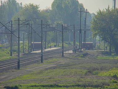 Açık arazi ve ağaçlarla çevrili, kırsal bir tren yolu üzerindeki durgun tren raylara paralel giden elektrik hatları, Kostiantynivka, Ukrayna, 06-15-2013