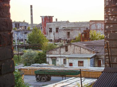 Görüntü, çökmekte olan endüstriyel yapıları, aşırı gelişmiş bitki örtüsünü ve park halindeki bir çöp kamyonunu gösteren kentsel bir manzara tasvir ediyor.