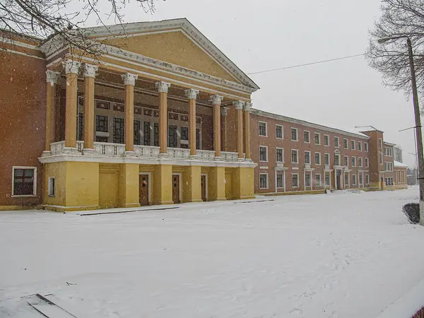 Klasik mimari özelliklere sahip büyük, karla kaplı bir binanın resmi, muhtemelen bir kurum veya kamu binası, kışın gökyüzü bulutlu Kostiantynivka, Ukrayna, 01-15-2013