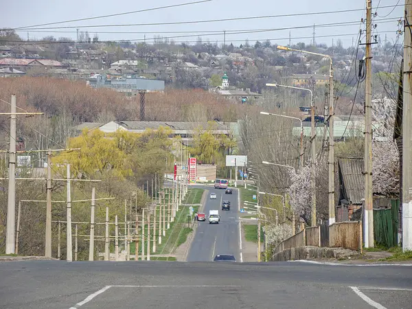 Sokak manzarası, beyaz şeritli asfalt yol elektrik direkleri, elektrik hatları, çıplak ağaçlar sonbahar, ticari binalar, banliyö mimarisi, Overca Kostiantynivka, Ukrayna, 01-15-2013