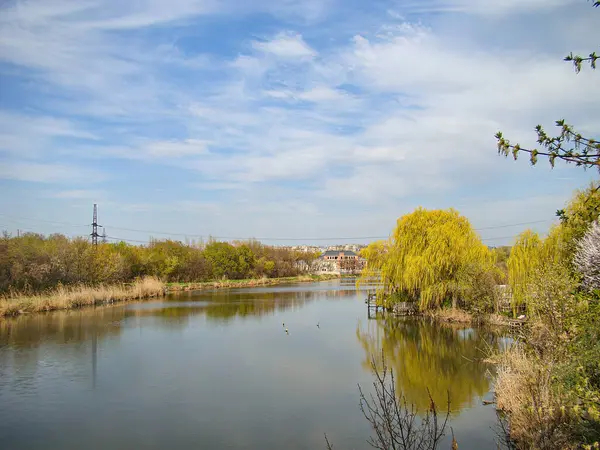 Çimenli bir kıyısı ve uzak ağaç binaları olan sakin ve durgun bir su kütlesi sahnesi, Kostiantynivka, Ukrayna, 01-15-2013 döneminde yakalanan balıkçılık veya tekne gibi eğlence amaçlı aktiviteleri akla getiriyor.