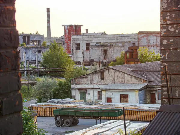 Görüntü, çökmekte olan endüstriyel yapıları, aşırı gelişmiş bitki örtüsünü ve park halindeki bir çöp kamyonunu gösteren kentsel bir manzara tasvir ediyor.