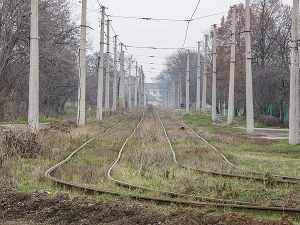 Görüntü, bulutlu gökyüzü altında çimenler ve bitkiler arasında uzanan yüksek ve boş bir demiryolu hattını gösteriyor. Perspektif ön plandan Ukrayna 'nın Hori Kostiantynivka şehrine bakıyor, 06-15-2013
