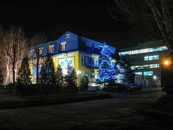 Mavi duvarlı ve sarı aksanlı aydınlık evin gece manzarası, dekore edilmiş Noel ağacı görünür, manzaralı çevre, asfalt yol, karanlık gökyüzü, holida Kostiantynivka, Ukrayna, 01-15-2013