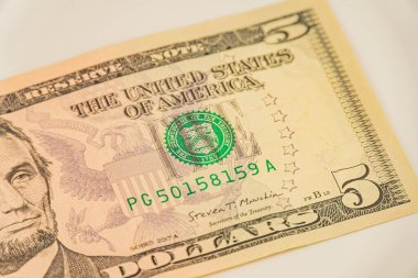 Abraham Lincoln 'un oynadığı beş dolarlık bir not. Amerika Birleşik Devletleri metni üzerinde...