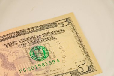 Her iki taraftaki 5 numaralı banknotun, seri numarasının, AMERICA 'nın birleşik devletlerinin ve hükümet yetkililerinin imzalarının yer aldığı beş dolarlık bir tasarı.