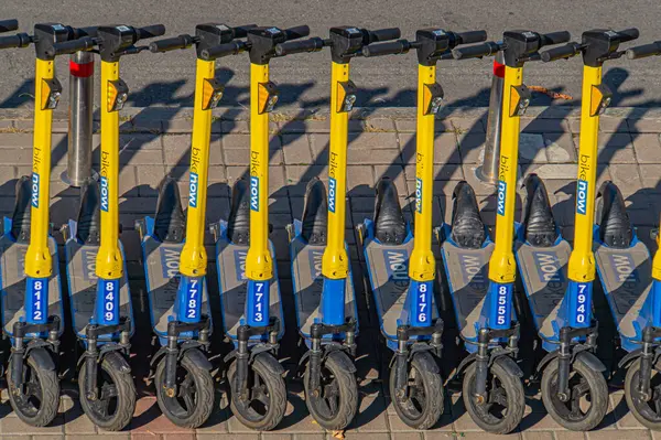 Düzgün düzenlenmiş sarı-mavi motorlu scooterların canlı bir görüntüsü. Kiralık veya paylaşımlı taşımacılık filosunun bir parçası. Kentsel hareketlilik için Kyiv, Ukrayna, 09-15-2024