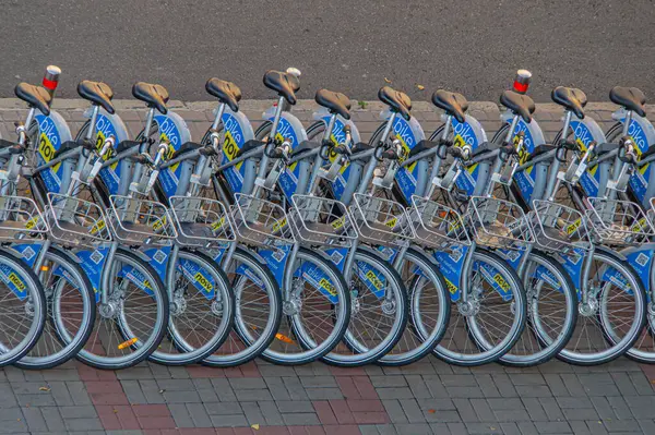 Organize, mavi bisikletlerin fotoğrafı bisiklet paylaşım ya da kiralama şeması Kyiv, Ukrayna, 09-15-2024 'te kaldırımda dizilmiş.