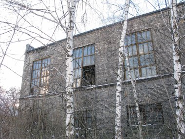 Kırık pencereli terk edilmiş bir tuğla bina, karlı bir arazide kurulmuş, muhtemelen kış boyunca yakınlardaki ağaçların dalları çıplak ve gökyüzü bulutlu, ıssız bir manzarayı çağrıştırıyor.