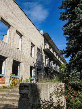 Terk edilmiş ya da kullanılmayan beton bina, aşırı gelişmiş bitki örtüsü, görünür pencereler girişe giden kırık merdiven boşluğu, dağınık bulutlu açık gökyüzü.