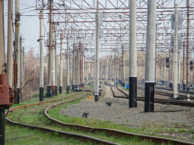 Görüntü, bulutlu bir gökyüzünün altında kırsal ya da endüstriyel bir demiryolu hattını gösteriyor. Her iki tarafında da elektrik hatları var. Raylar ve yapılar arasında çimenler, uzak bir insan ve işaretler var.