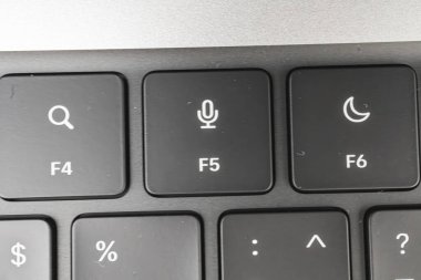 Bu resim, etiketli tuş ve fonksiyonlarını vurgulayan bir dizüstü bilgisayarın yakın plan görüntüsünü gösterir. Arama simgesi, ses denetimi, uyku sembolü, F1 'den F5' e fonksiyon anahtarları, artı yüzde,