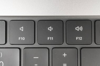Resim, F10, F11 ve F12 olarak etiketlenmiş dizüstü bilgisayar fonksiyon anahtarlarını gösterir: Sound Up, Sound Dilsiz, ve Sound Down Bu tuşlar dizüstü bilgisayarların ses hacmini kontrol eder