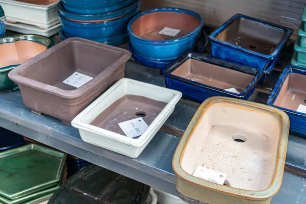 Resim raflarda düzenlenmiş çeşitli renkli seramik kapları gösterir, depolama veya gösterim amaçları için idealdir