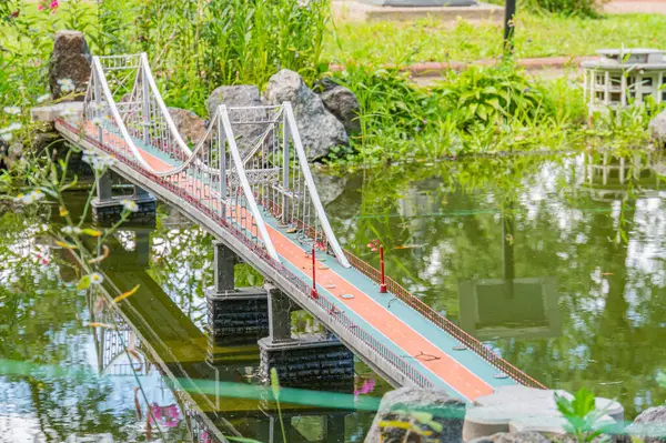 Su üzerinde belirgin bir kiriş tasarımı ile modern, geometrik bir köprü, hem yol hem de yürüyüş yolu olarak hizmet veriyor, dikkatli planlama ve bakım Kyiv, Ukrayna 06-11-2024