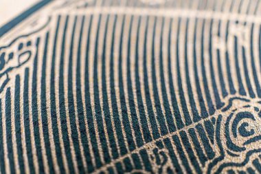 Mavi ve altın renkli detaylı, çarpıcı bir pasaport tasarımı, karmaşık desenler, ve dokulu bir yüzey, ayrıcalık, seyahat ve kaliteli işçilik.