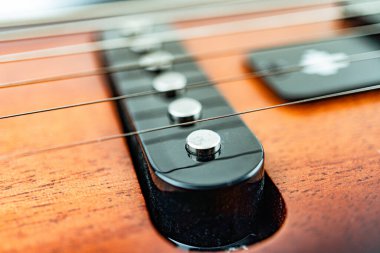 Yakından çekilmiş güzel bir gitar görüntüsü, boynu ve başlığı odaklı koyu renkli ahşap parlak gümüş ayar çivilerine karşı duruyor bulanık arka plan beklenti yaratıyor